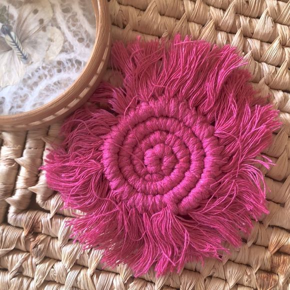 New! Handmade Macramé Woven Spiral Disc Statement Earrings Hot Fuchsia Pink - Picture 3 of 12